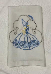 Vintage Hand Embroidery Cross Stitch Linen Tea Towel "Southern Belle" - Picture 1 of 3