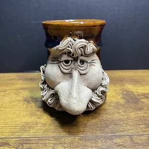 Vintage Ugly Face Mug 3D Art Pottery Coffee Cup Handmade Stoneware, 16 Ounce - Picture 1 of 7