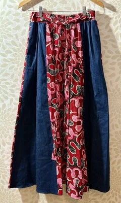 Women’s S/M Paisley Batik Denim Patchwork Long Boho Hippie Peasant Belted Skirt - Image 1 of 4