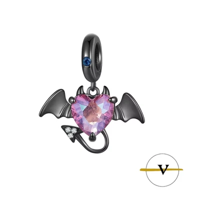 CHARM PIPISTRELLO NERO CON CUORE ARGENTO 925 ZIRCONE BRACCIALE BRACCIALETTO - Immagine 1 di 4