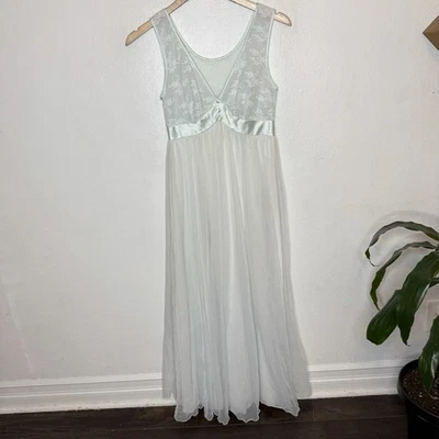 Vintage Shadowline Chiffon Nightgown Lace Satin Trim Green Petite (Small?) Nylon - Image 1 of 4