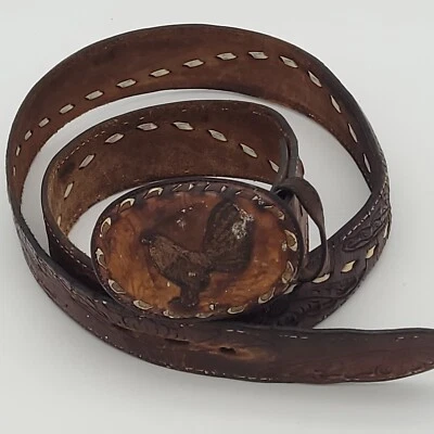 Tony Lama Rooster Buckle on Braided Leather Belt Size 35? Vintage Rough Curved - Image 1 of 4