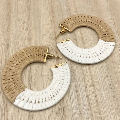 Hoop Earrings Neutral Woven Raffia Round Tan White Gold Tone Boho Festival Drops - Image 1 of 4