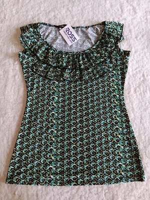 Mixxology LA Women Black Green Cap Sleeve Ruffle Fitted Stretch Top Large - Image 1 of 4