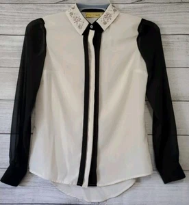 Princess Vera Wang XS White Button-Dow Embellished Blouse Sheer Black Sleeve - Picture 1 of 4