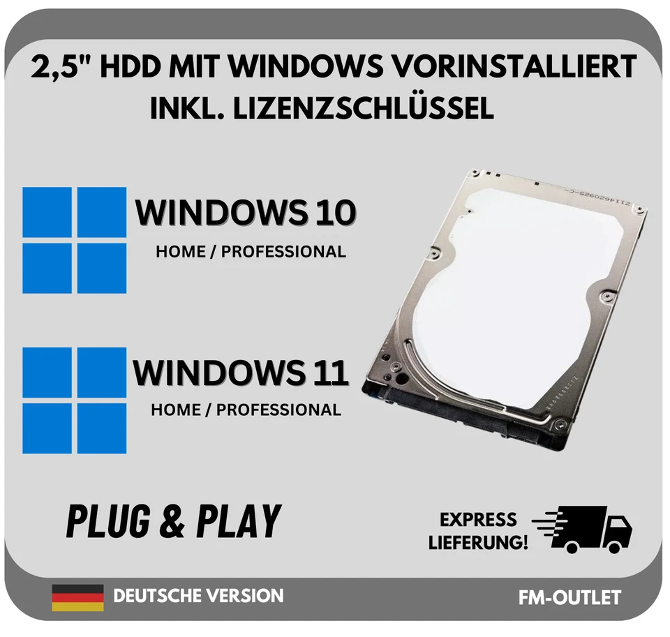2,5 ZOLL Festplatte mit vorinstallierten Windows 10 Windows 11 NOTEBOOK LAPTOP - Bild 1 von 1