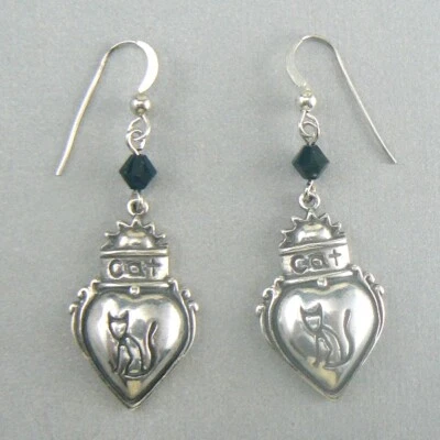 Cat in Heart Sterling Silver Dangle Earrings Choose Glass Bead Color CTE - Image 1 of 3