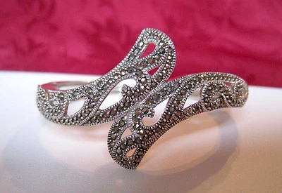 JUDITH JACK JJ 925 STERLING SILVER HEAVY MARCASITE HINGED BANGLE CUFF BRACELET  - Image 1 of 4
