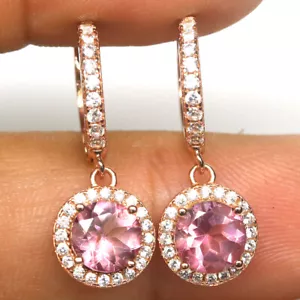 Gema 7Mm. Rosa Mystic Topacio & Blanco Circonita Pendientes 925 Plata Oro Rosa - Imagen 1 de 4