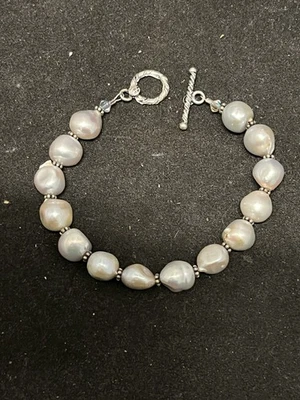 Estate 925 Sterling Silver 5mm Freshwater Pearl Bead Bracelet w/Toggle 7 1/2" - Image 1 of 4