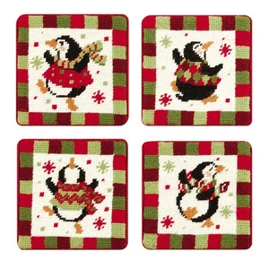 4" Dancing Penguins Holiday Petit Point Coasters Set of 4 - Picture 1 of 3