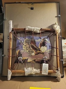 VTG 90s Native American Mandella Eagle Painting Leather Hanging Fur Wall Mandell - Picture 1 of 10