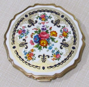 VTG Stratton Floral Mirror Powder Compact Made In England w/ Puff & Sifter Ring - Picture 1 of 4
