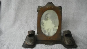 Antique Bronze Baby Shoes with Baby Photo 1920's - Picture 1 of 4