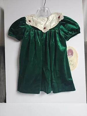 Rare Editions Girls 2T/2 Forest Green Velvet  Dress With Cream Satin Collar  C3 - Image 1 of 4