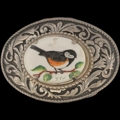 Hebilla de cinturón vintage pintada de observación de aves Robin Chat Towhee llama manchada años 80 Foto 1 de 2