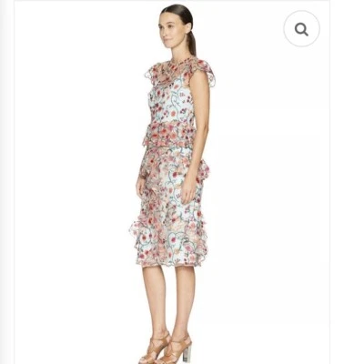 Nuevo con etiquetas Vestido Monique Lhuillier Bordado Floral Gasa Volantes Cóctel Talla 6 $600 Foto 1 de 4