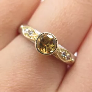 925 Sterling Silver 2-Tone Real Round-Cut Diamond & Citrine Ring Size 8 - Picture 1 of 8