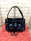 TORY BURCH Flap Top Satchel Embroidered BLUE SUEDE & Shearling Fleece *RARE*