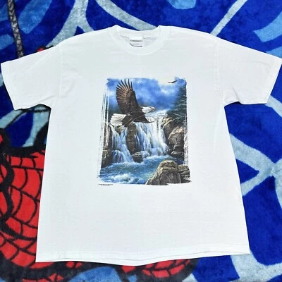 Винтажная футболка 1990-х American Bald Eagle Waterfall живописный фон размер M - Изображение 1 из 4