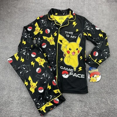 NEW Pokemon Pajama Set Boys Medium 8 Button Front Sleepwear Pikachu Poke Ball a3 - Image 1 of 4