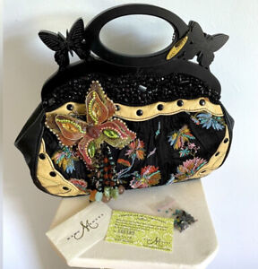 Mary Francis Gorgeous Black Beaded Butterfly Handbag w Wooden Laser cut Handles