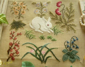 Pretty White Cute Rabbit Many Flowers Daisy Needlepoint Canvas Preworked - Picture 1 of 7