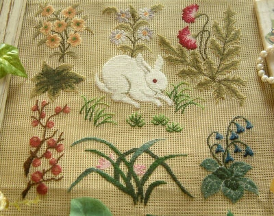 Pretty White Cute Rabbit Many Flowers Daisy Needlepoint Canvas Preworked - Image 1 of 4