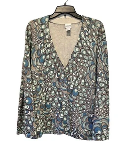Chico’s Mixed Blues Strickjacke Pullover Pfauenfeder Print Metallic Gr. XL - Bild 1 von 7
