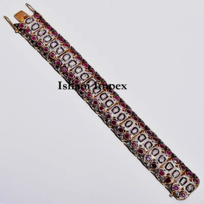 Fine Handmade Natural Rose Cut Diamond & Polki 925 Sterling Silver Bangle - Image 1 of 4