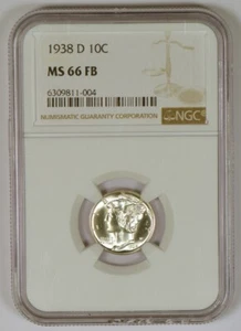 1938D Mercury Dime Silver Coin Graded MS66 FB or Mint State 66 Full Bands by NGC - Picture 1 of 4