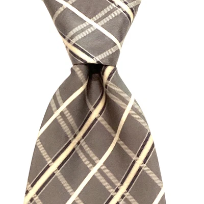 ALTEA Men's Big & Tall Silk 63 1/4" Necktie ITALY Designer PLAID Gray/Ivory GUC - Image 1 of 3