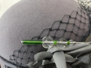 VTG Beads Green Glass and Clear QUARTZ Goldp. Hatpin 8" with Clutch - Picture 1 of 4