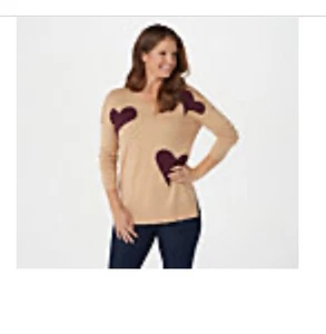 Suéter Laurie Fieltro Mezcla Cachemira Intarsia Cuello en V Arena Corazones Mediano Excelente - Imagen 1 de 12