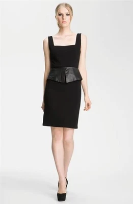 ALICE + OLIVIA Black Lamb Leather Peplum Maddy Midi Sheath Dress, Nwt$495 Size 8 - Image 1 of 4