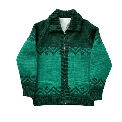 Wool Knit Zip Up Cowichan Sweater Jacket Green Small - Unisex - Image 1 of 4