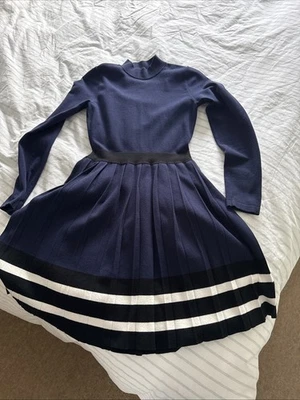 Karen Millen Sporty Stripe Pleat Knit Dress Navy S UK8 - Image 1 of 4