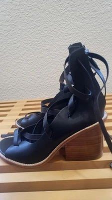 Tibi New York Black Leather Lace-Up Sandals | Size 38.5 (US 8) | Wooden Heel - Image 1 of 4