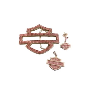 Pink Crystal Studded Harley Davidson Belt Buckle Pendant Single Earring Set - Picture 1 of 8