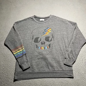Lauren Moshi Sweatshirt Women XS Pullover Rainbow Electric Skull Gray USA - Picture 1 of 10