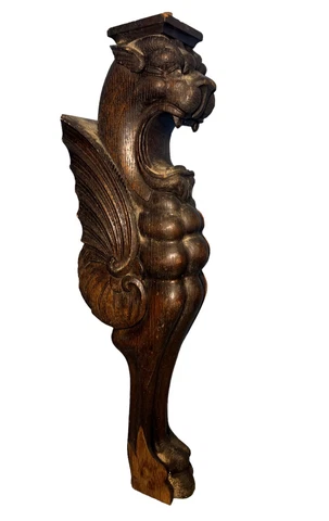 large 21” Antique Carved oak Wood Winged Griffin Gargoyle Corbel Gothic Cover