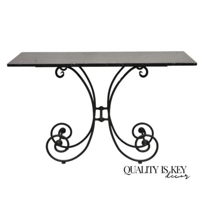 Vtg French Country Pastry Style Wrought Iron Marble Top Baker's Console Table - Image 1 of 4