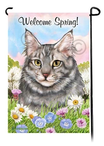 Bandera de jardín Welcome Spring - Gato Maine Coon azul - Imagen 1 de 1