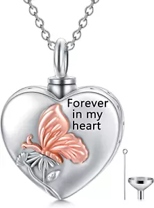 Heart Urn Necklace for Ashes Sterling Silver Butterfly Cremation Memory Jewelry - Picture 1 of 8