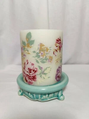 椰菜黄色粉红色玫瑰象牙柱蜡烛带绿色陶瓷支架底座7 — 第 1/4 张图片