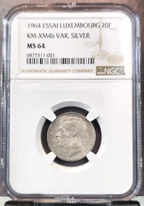 1964 LUXEMBOURG SILVER 20 FRANCS ESSAI NGC MS 64 EXTREMELY RARE PATTERN - Picture 1 of 3
