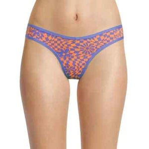 No Boundaries Women's Cotton Thong Panties Size SMALL Orange Blue Check Floral - Picture 1 of 2