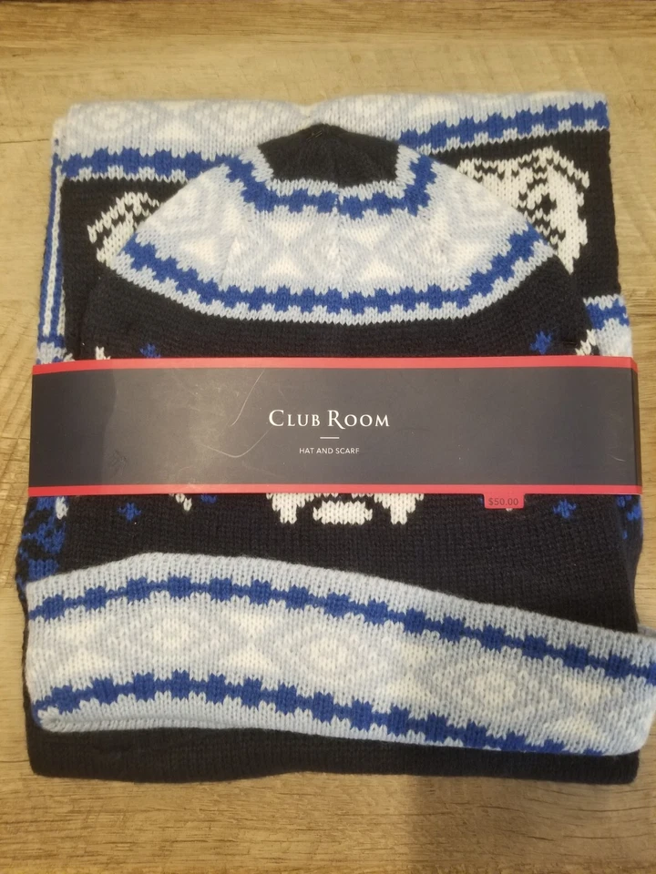 Club Room Men's Scarf Hat Set Navy Blue Bulldog Cozy Beanie Accessory 458