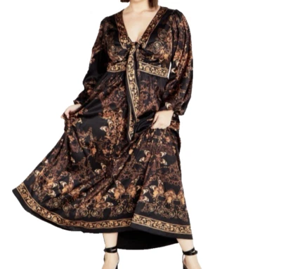 City Chic Ivanna Maxi Dress Plus 22 XL Black Gold Scarf Print Boho Romantic NWT - Image 1 of 4