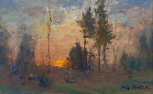 Original Landscape Oil Painting Art Dusk Trees Tonalism Sunset Sky Clouds 5x8